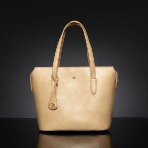 Women's tan genuine leather tote bag with a structured silhouette, zip closure, and reinforced handles from the Natalia collection.