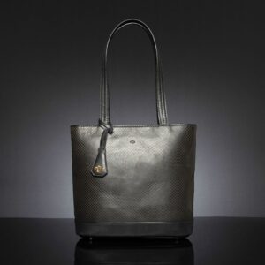 Women's black leather tote bag Reagan Basket with long shoulder straps, semi-structured silhouette, and basket weave pattern.