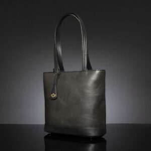 Elegant women's black leather tote bag with embossed pattern, designed for sophisticated daily wear.