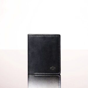 Women's black leather bifold mini purse, handcrafted from premium full-grain leather, compact design for cards, notes, and coins.