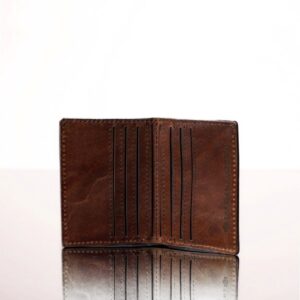 Handcrafted brown leather mini purse with multiple compartments for cards and notes, a blend of elegance and functionality.