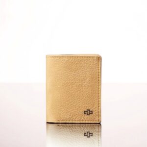 Women's tan leather bifold mini purse, minimalist and stylish, made from premium full-grain leather with secure storage.