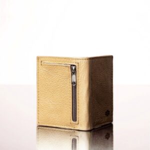 Back view of a tan leather mini purse, showcasing the zip area where coins can be stored.