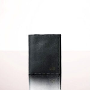 Women's black leather trifold compact purse, handcrafted from full-grain leather, featuring a secure layout for cards, notes, and coins.