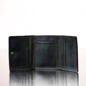 Inside view of a black leather trifold purse, featuring multiple card slots, a secure note compartment, and a dedicated coin section.