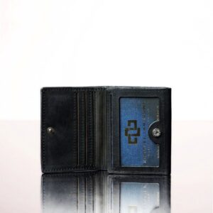 Black leather trifold purse partially open, highlighting its organized storage for cards, and ID window.