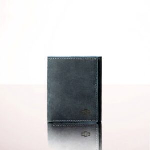 Women's denim blue leather trifold compact purse, handcrafted from full-grain leather, perfect for stylish and practical storage.