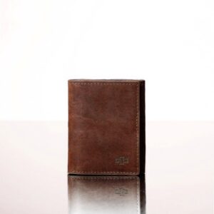Women's rich brown leather trifold compact purse, handcrafted full-grain leather with a sleek, practical design for cards, notes, and coins.