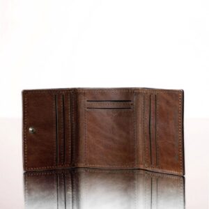 Inside view of a rich brown leather trifold purse, featuring multiple card slots, a coin compartment, and an organized layout.