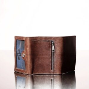 Elegant rich brown leather trifold purse, showcasing a refined look with premium stitching and durable craftsmanship.