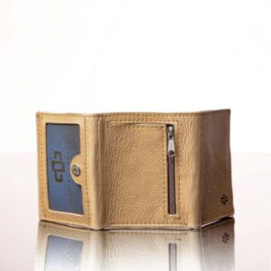 Tan trifold leather purse showcasing tha back whan open, revealing organized compartments for ID and coins.