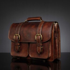 Angled view of the Benjamin Classic Laptop Bag, highlighting its structured silhouette and premium full-grain leather finish.