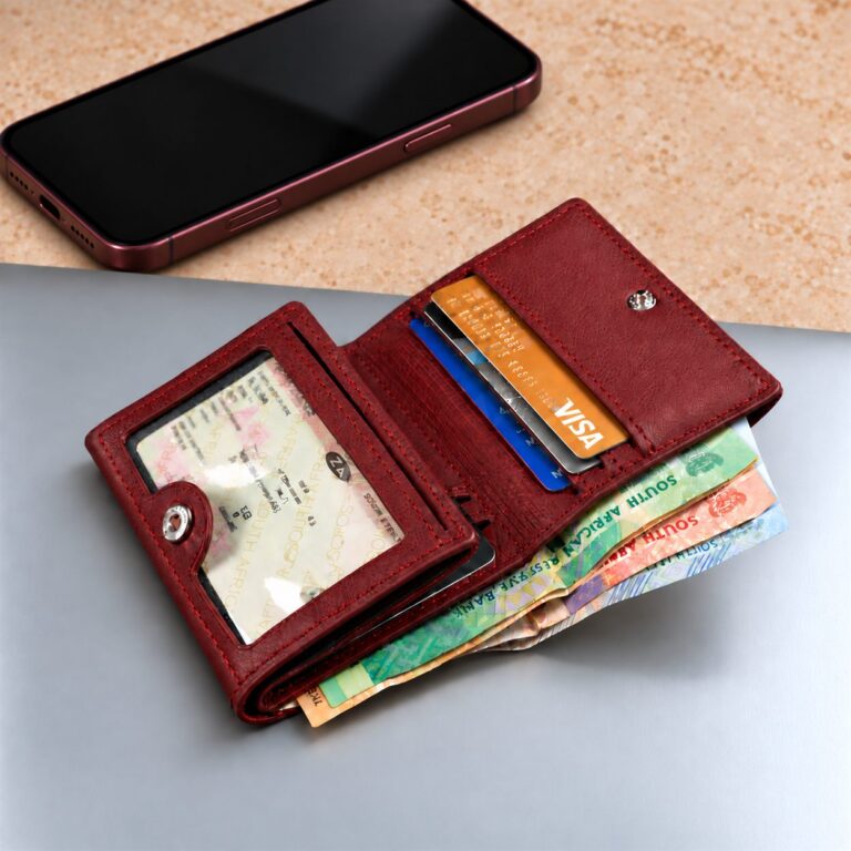Women's Gizelle trifold compact leather purse in ruby red, lifestyle view.