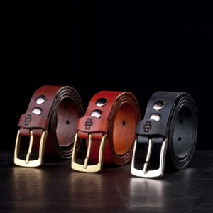 Men's collection of 35mm wide formal leather belts, showcasing available color options.