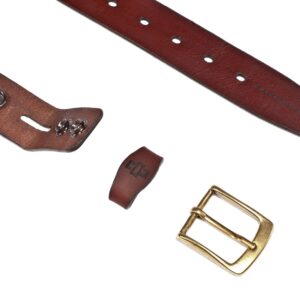 Brown leather belt with interchangeable buckle system, offering customization options.