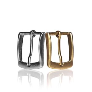 Interchangeable metal buckles in silver and antique brass finishes, compatible with 35mm leather belts.