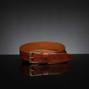 Elegant rich tan leather belt, 35mm width, shown in a close-up side profile view.