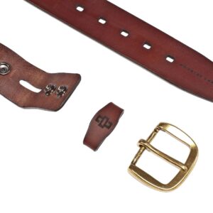 Brown leather belt with an interchangeable buckle system, allowing customization.