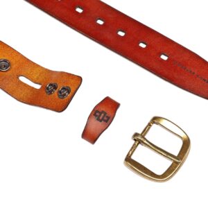 Rich tan leather belt with interchangeable antique brass and silver buckle options for customization.