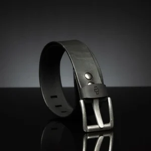 50mm wide black leather belt, designed for a secure fit in jeans belt loops.