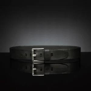 Wide black leather belt, 50mm, crafted for durability and casual styling with jeans.