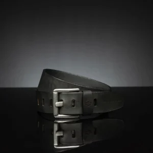 50mm black leather belt, showcasing a classic and rugged buckle design.