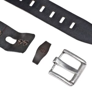Interchangeable buckle system for 50mm leather belts, allowing for customization and a personalized fit.