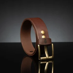 50mm wide brown leather belt, designed for a secure and snug fit in jeans belt loops.
