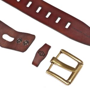 Brown leather belt with an interchangeable buckle system, offering customization with antique brass and silver buckles.