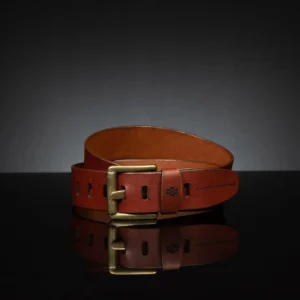 Rich tan leather belt, 50mm wide, crafted for durability and a classic look.