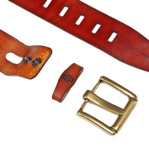 Rich tan leather belt with interchangeable buckle options, available in antique brass and silver.