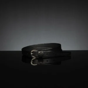 Women’s black leather skinny belt, 20mm wide, showcasing a minimalist buckle.