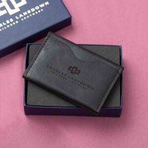 Luxury black leather cardholder in an elegant Charles Lansdown gift box, perfect for stylish gifts.