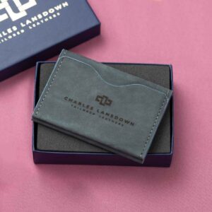 Luxury denim blue leather cardholder presented in a stylish gift box, handcrafted for elegance.