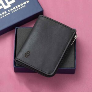 Luxury black leather zipped cardholder in an elegant Charles Lansdown gift box, stylish and practical for everyday use.