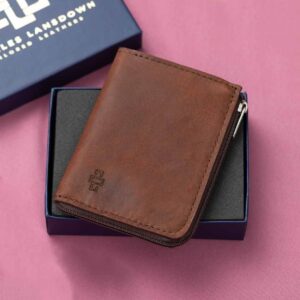 Luxury brown leather zipped cardholder in a stylish gift box, perfect as a practical and elegant accessory.