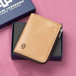Luxury tan leather zipped cardholder in a premium Charles Lansdown gift box, perfect for gifting and stylish organization.