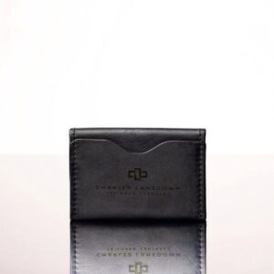 Women's black bifold leather cardholder, handcrafted full-grain leather with a minimalist curved design.