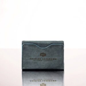 Denim blue women's leather cardholder, slim bifold wallet crafted from premium full-grain leather.