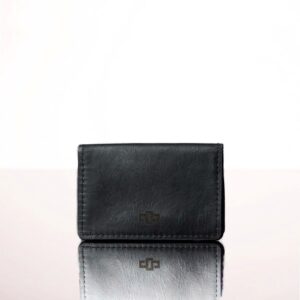 Women's black leather cardholder pouch, handcrafted with five card slots, expanding pocket, and secure press stud closure.