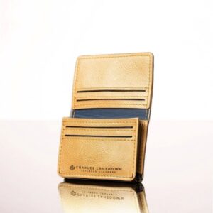 Open view of a tan leather cardholder pouch, showcasing multiple card slots and an expandable storage pocket for convenience.