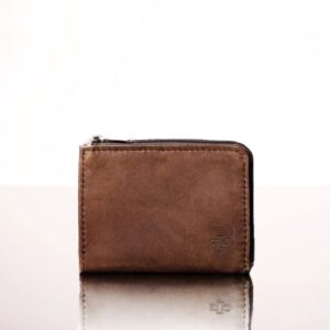 Women's rich brown leather cardholder with a zip-around closure, handcrafted for a sleek and compact storage solution.