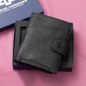 Women's black leather Rosalind purse, featured in a premium Charles Lansdown gift box, designed for elegance with 16 card slots and a secure clip closure.