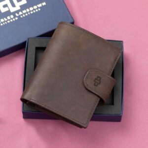 Rich brown leather Rosalind purse with premium gift packaging, offering secure storage with 16 card slots, a coin pouch, and a stylish layout.