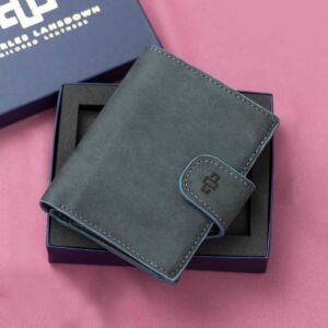 Denim blue Rosalind leather purse, showcased in a stylish gift box, featuring a handcrafted full-grain leather design with spacious storage.