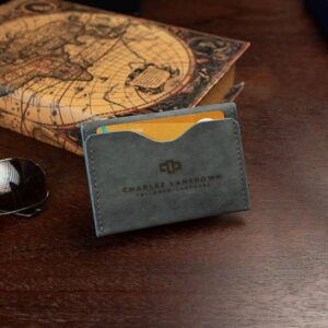 Women's denim blue leather cardholder, handcrafted bifold wallet, slim and compact for everyday essentials.