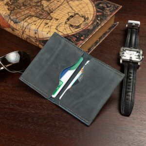 Side view of men’s denim blue Dakota leather cardholder. Features premium stitching, curved slots, and minimalist elegance.