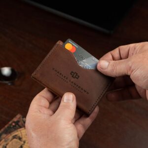 Elegant men’s Dakota Bifold Cardholder in rich brown, featuring premium leather, curved slots, and timeless craftsmanship.