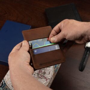 Side view of the Harrington Pouched Cardholder in rich brown leather. A stylish, spacious, and compact alternative to bulky wallets.