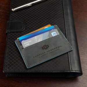 Men’s denim blue Mansfield V6 Cardholder in use. Premium leather, minimalist style, and multiple card slots for organized storage.